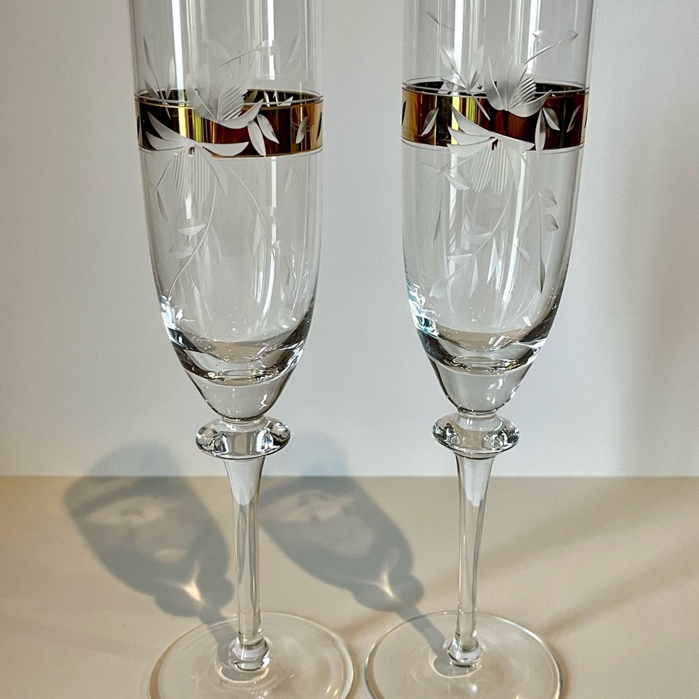 Vintage Bohemian Gold/Crystal Etched Champagne Flutes